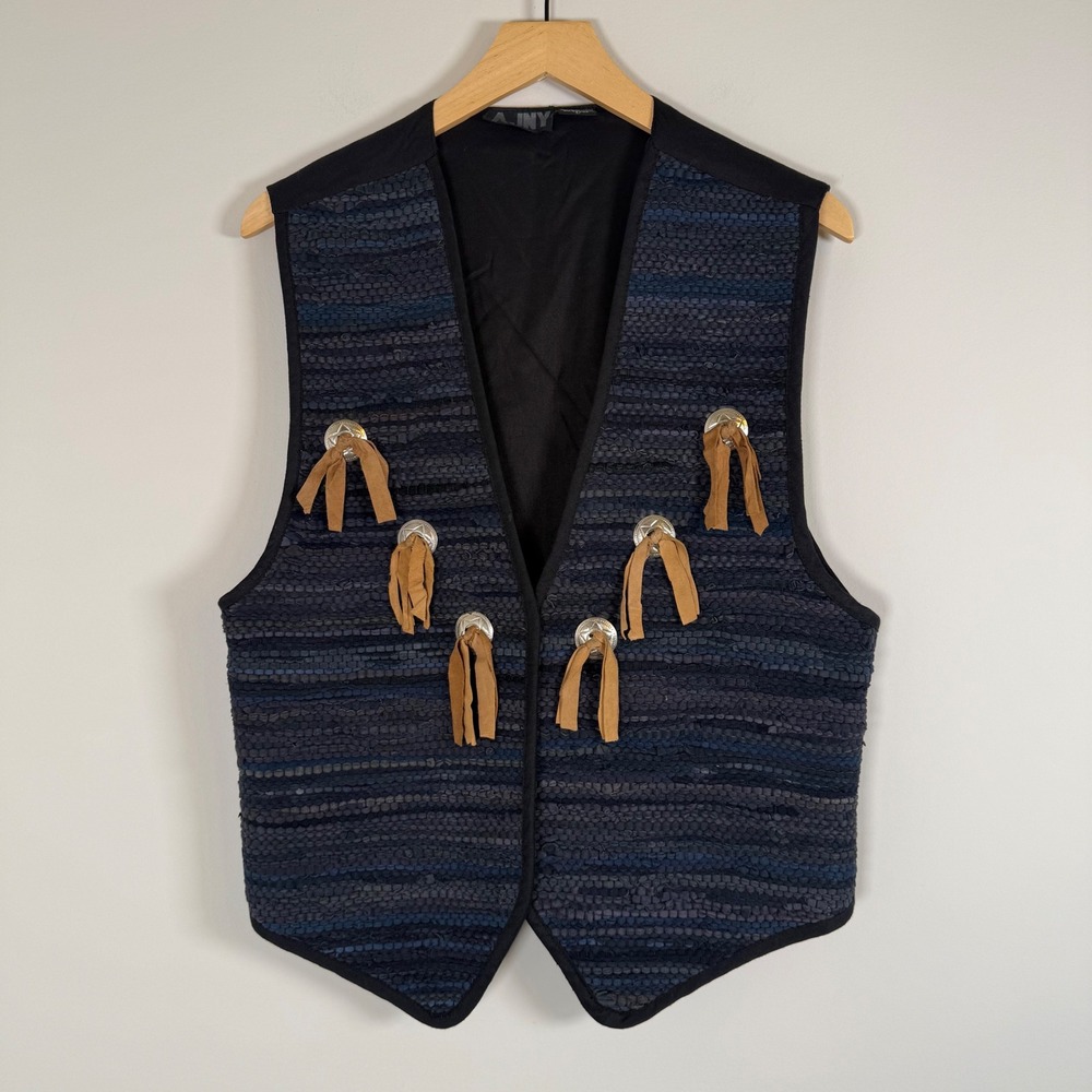 AJNY Vintage VTG Leather Tassel Crochet Western Southwestern Rodeo Vest Large